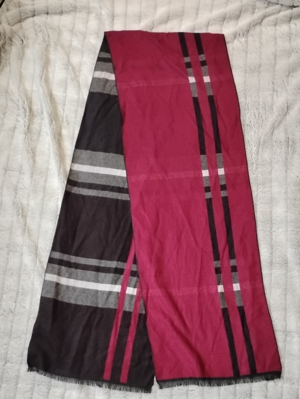 SILK Unisex Reversible Plaid Fringe Scarf - Burgundy and Black